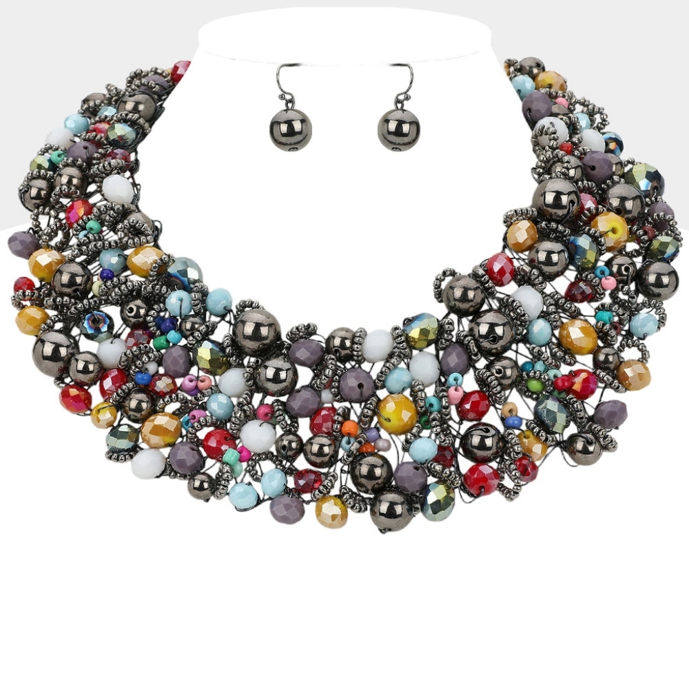 Colorful Metal Ball Crystal Cluster Beads Necklace Set Wire Chunky Jewelry